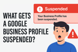 Red Google Business Profile suspension warning banner with user confusion or alert icon